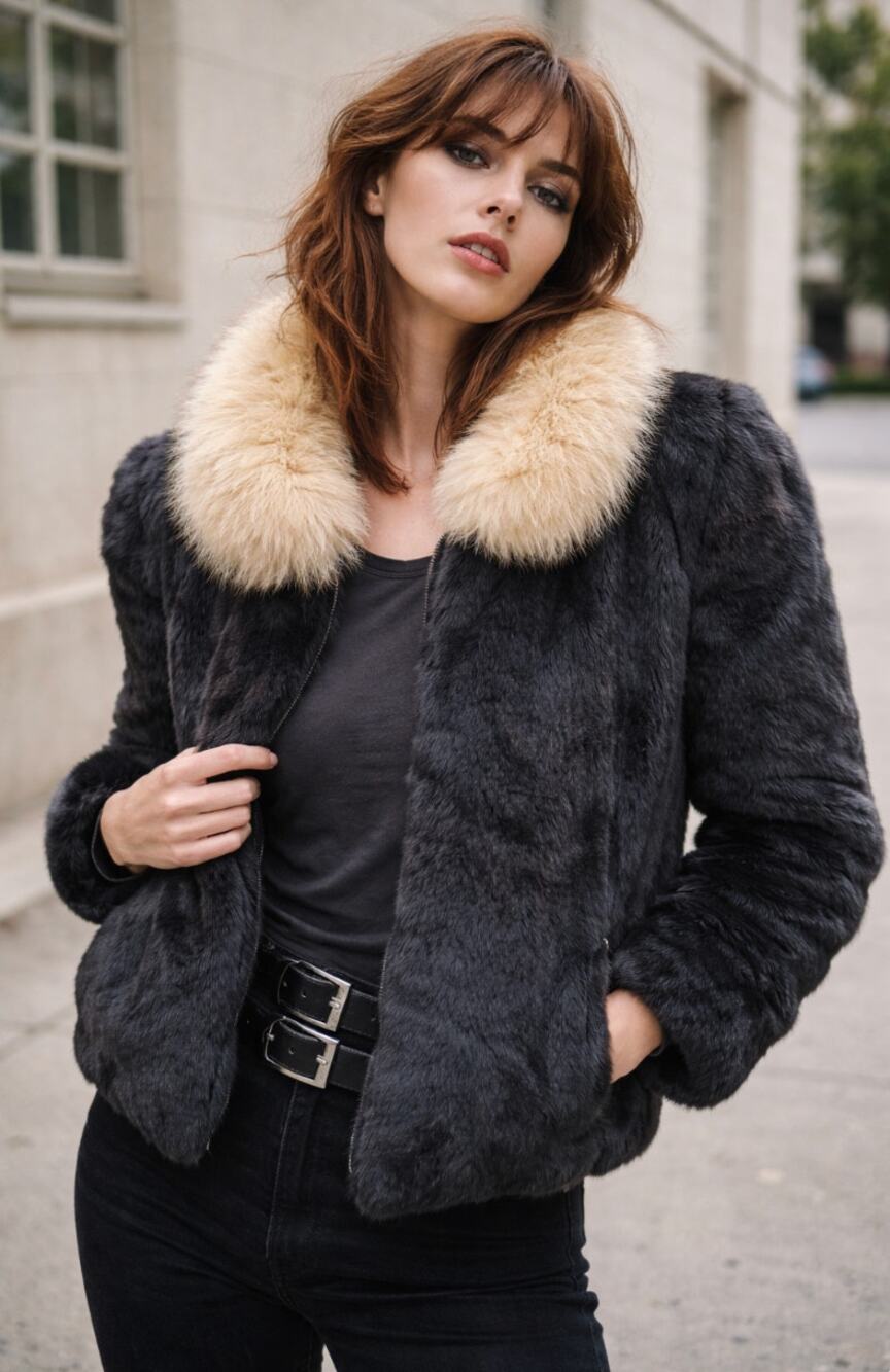 Vintage Bluish Black Fur Jacket Cream Collar Cropped Bomber Statement Large Luxe